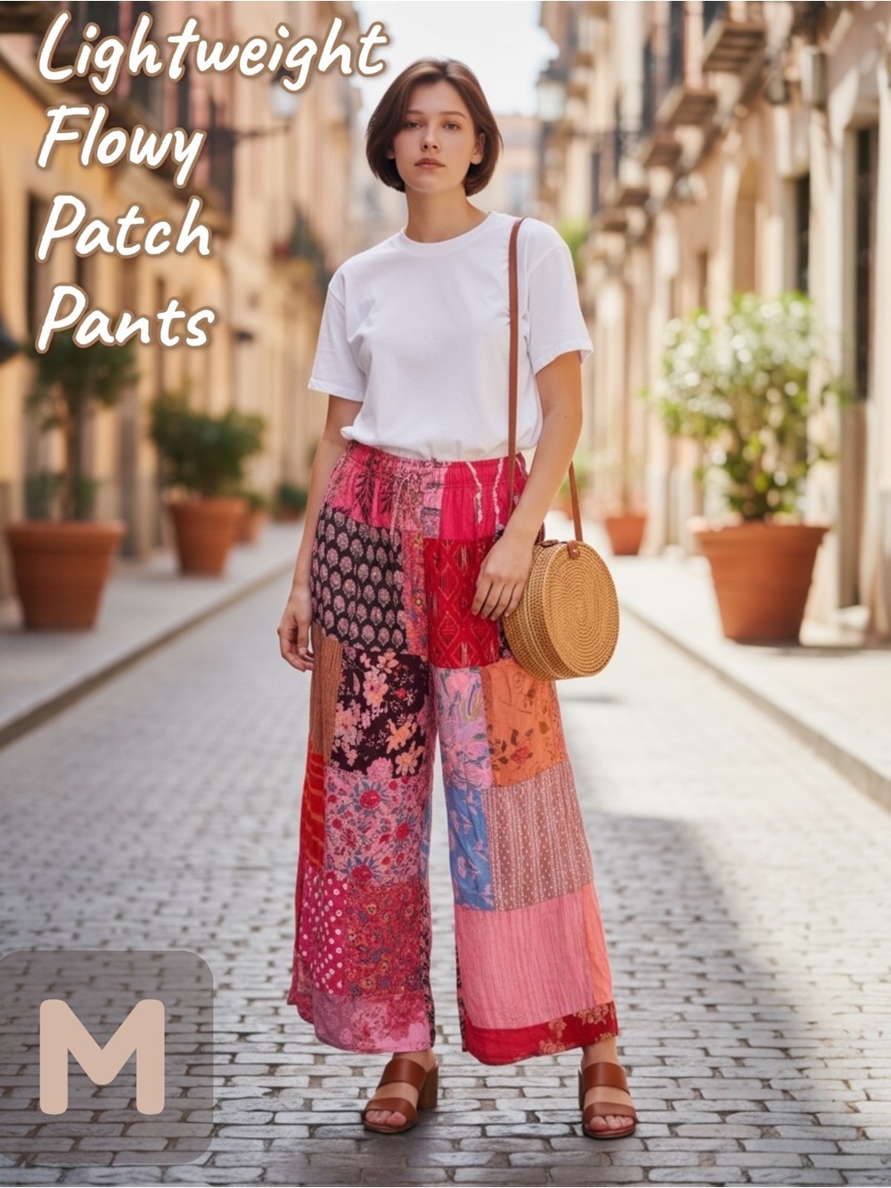 Boho Flowy Wide Leg Patch Pants